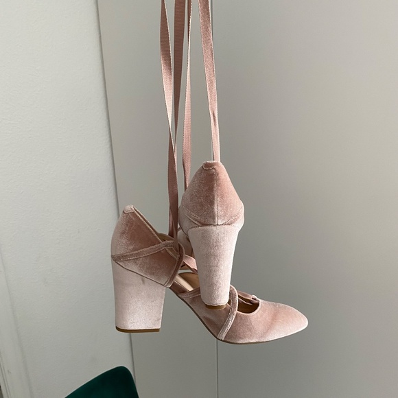 Pink Velvet Ballet Lace Up Block Heels - Picture 7 of 12